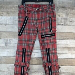 Tripp NYC Womens Red Plaid Punk Zippers Buckle Straps Skinny Pants Size 9